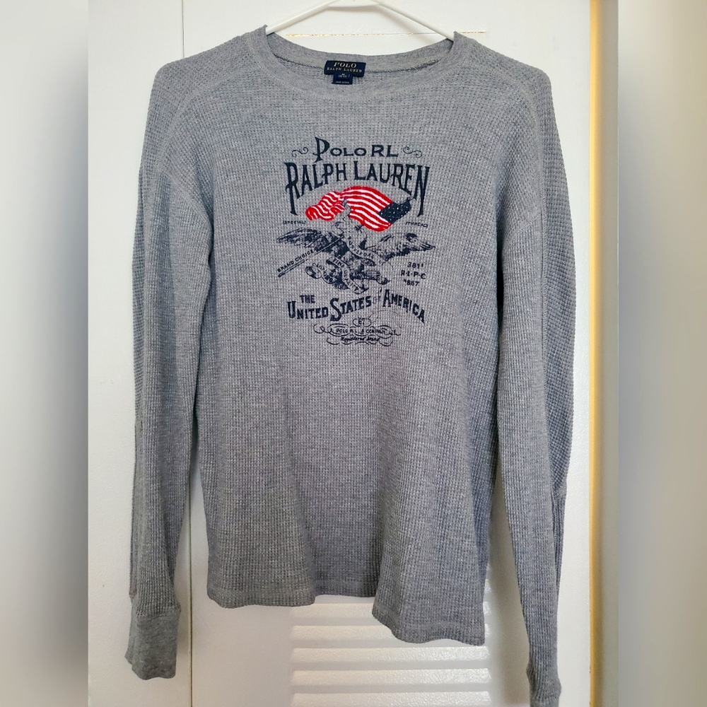 Ralph Lauren Polo Waffle knit shirt, grey, long sleeve, size Med (10/12).